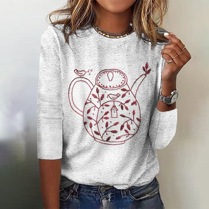 Women's Vintage Teapot Bird Embroidery V-neck T-shirt artswardrobe