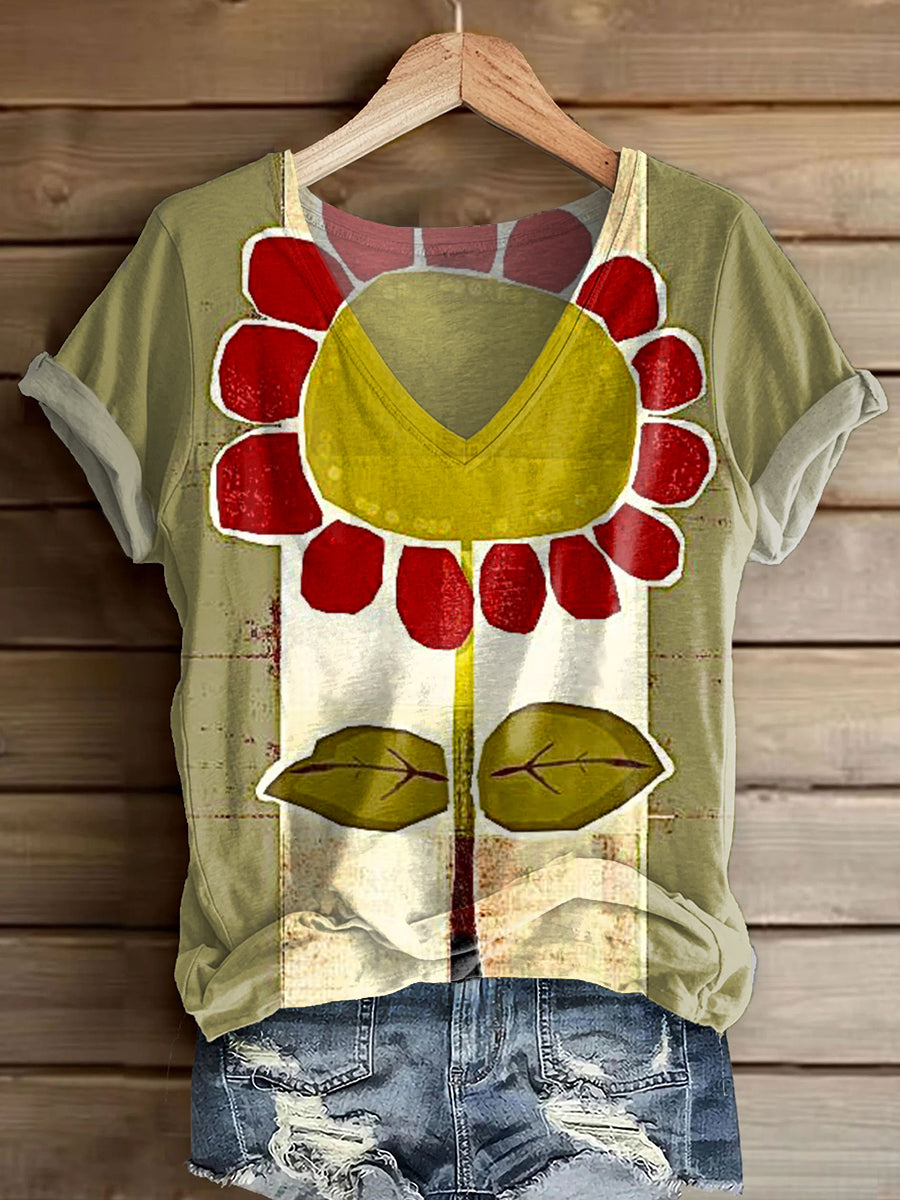 Women's Bohemian Floral Art Print V-neck Casual T-Shirt