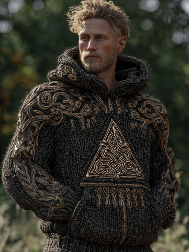 Men's Vintage Viking Celtic Knot Knitted Hooded Sweater elevenforest