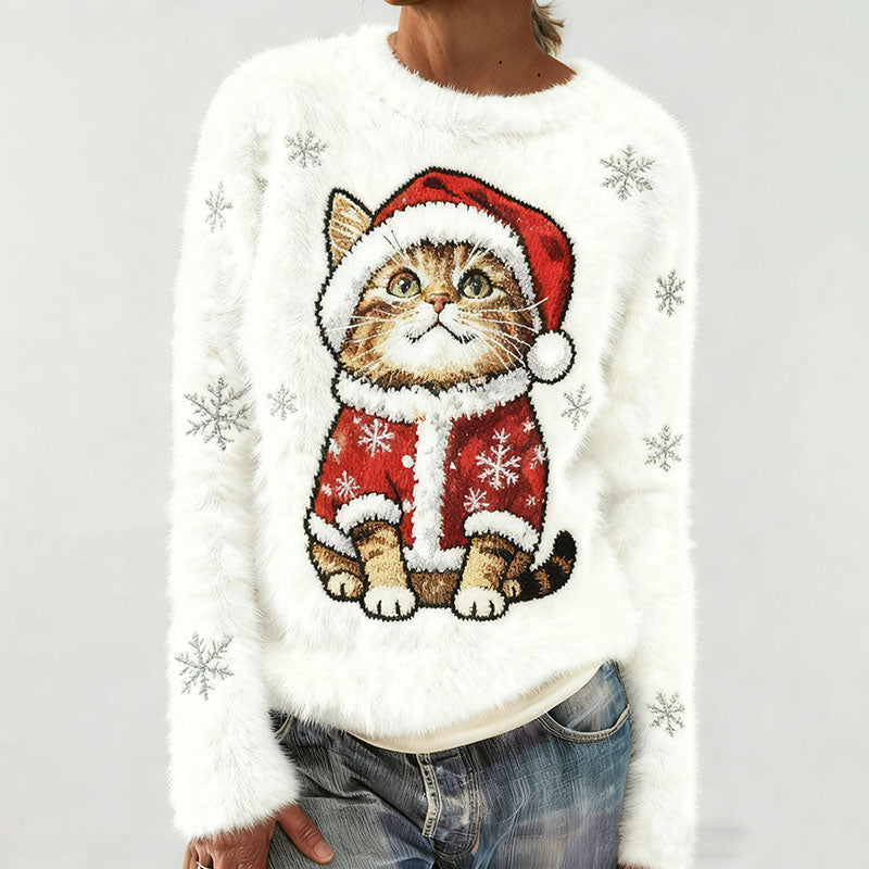 Women's Cute Cat Snowflake Embroidery Pattern Cozy Knit Sweater