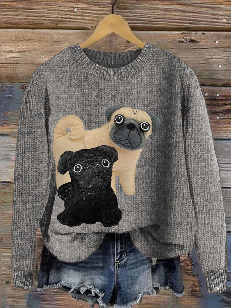 Comstylish Lovely Pug Dogs Felt Applique Cozy Sweater