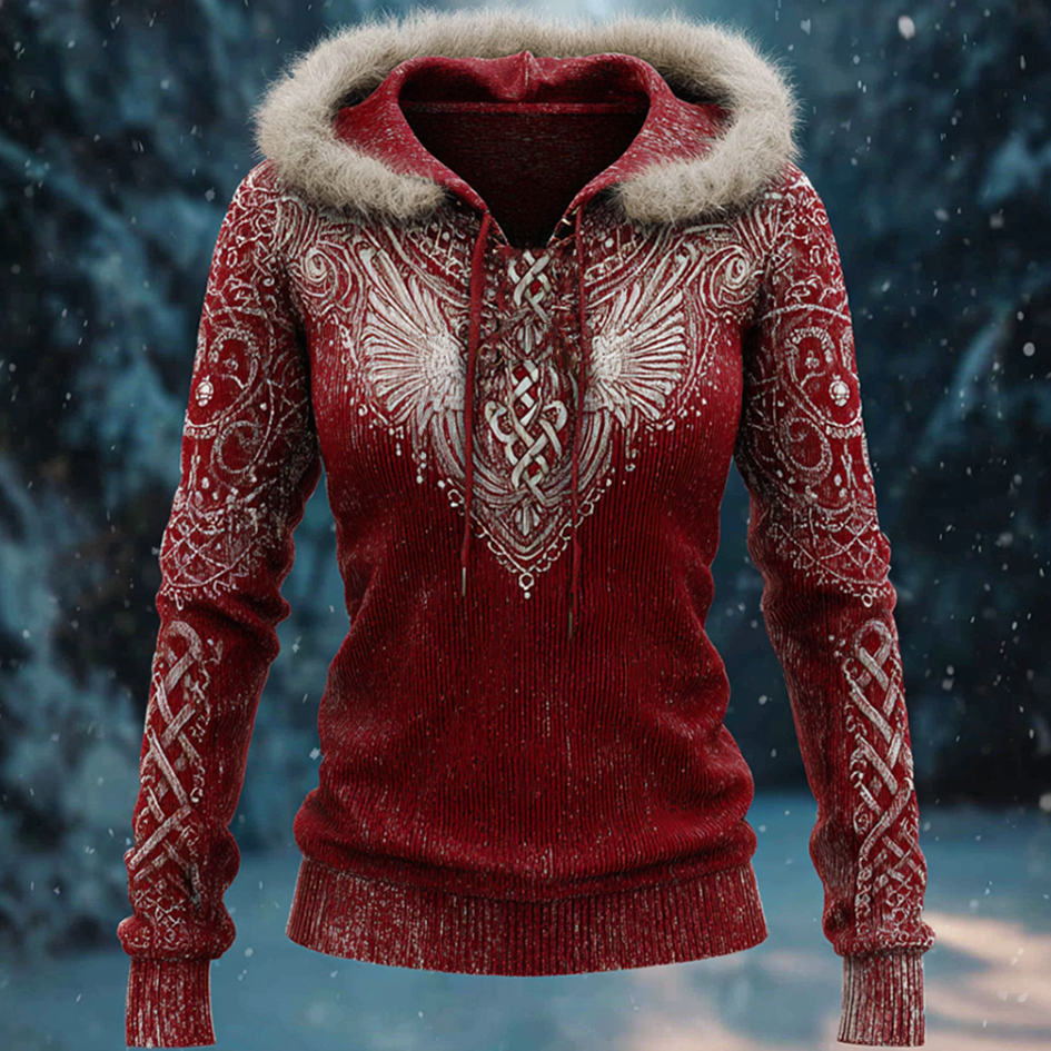 Women's Vintage Viking Celtic Style Hooded Knitted Sweater