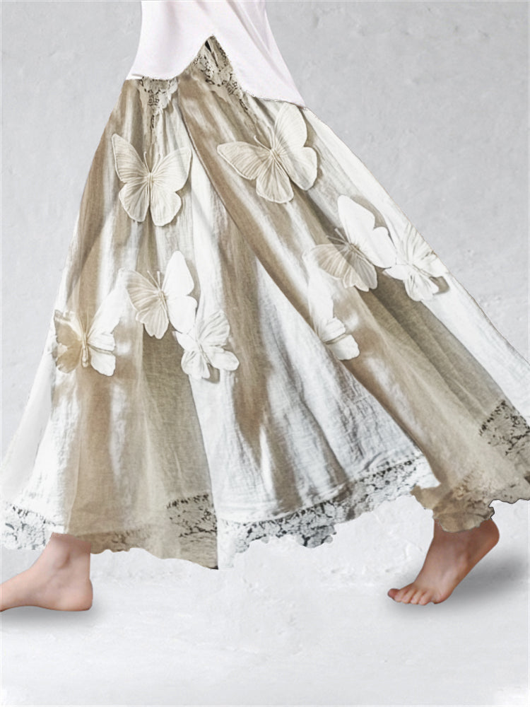 Boho Butterflies Textile Lace Hem Flowy Wide Skirt artswardrobe