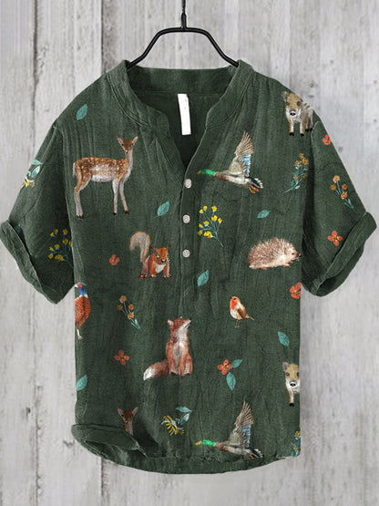 Men's Forest Animals Print Linen Blend Vintage Shirt artswardrobe