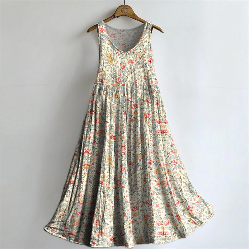 Women's Retro Paisley Floral Art Print Sleeveless Cotton Pocket Dress