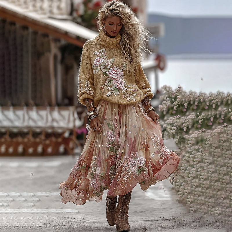 Vintage Rose In Gradient Yellow Art Cozy Knit Turtleneck Sweater And Linen Skirt Two-piece Set elevenforest