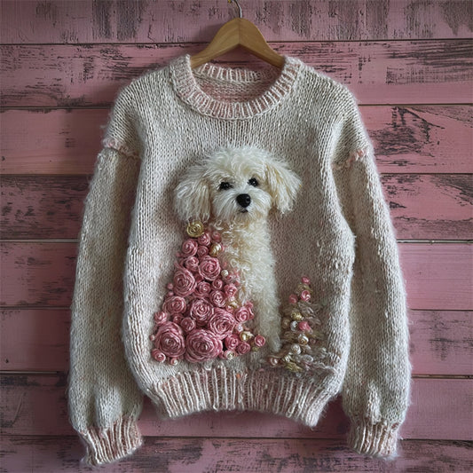 Lovely Fuzzy Dog & Pink Roses Christmas Tree Cozy Knit Sweater artswardrobe