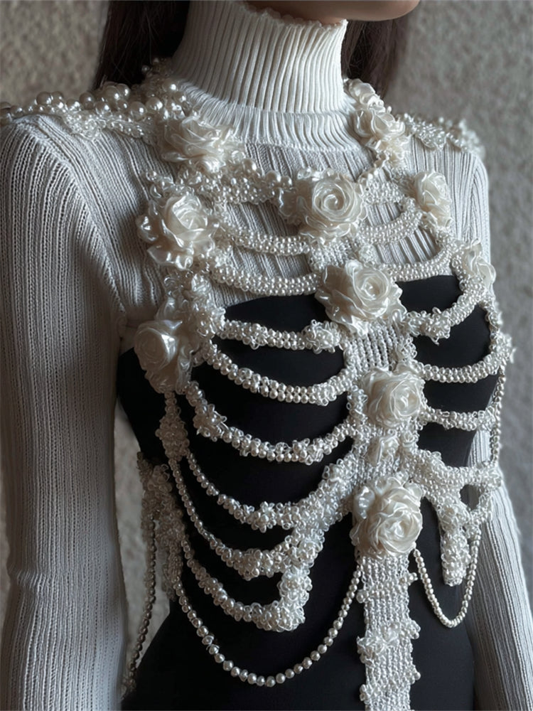 Classy Roses Skeleton Pearls Lace Contrast Turtleneck Sweater artswardrobe