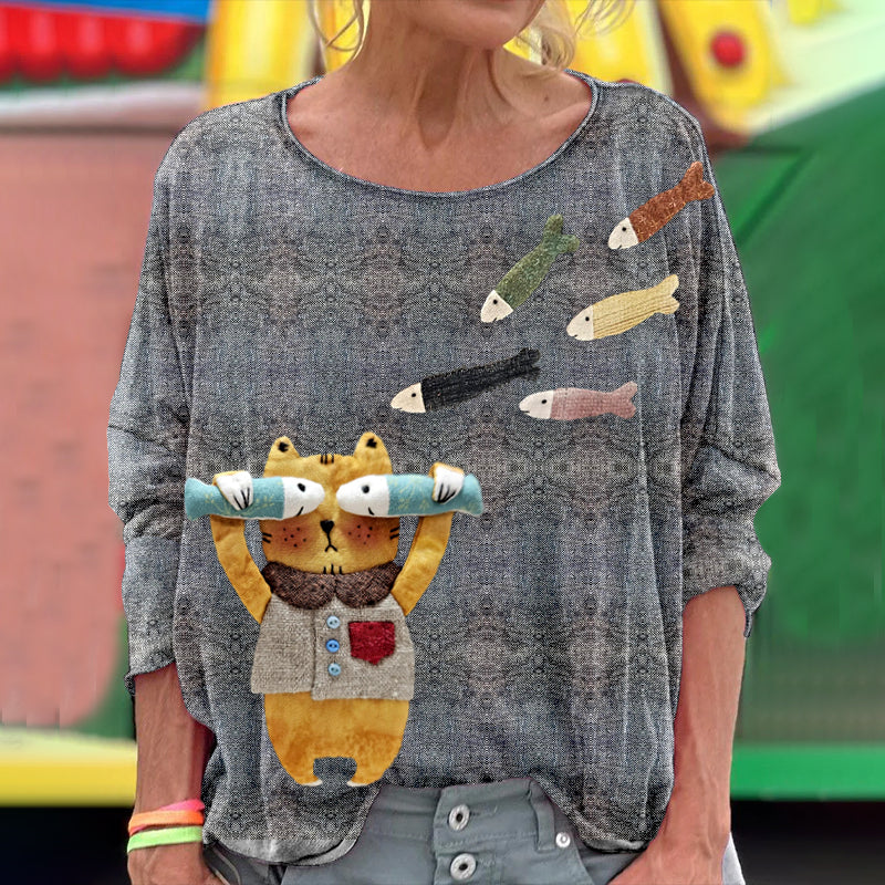 Women's Naughty Kitten Fish Applique Art Long Sleeve T-shirt elevenforest