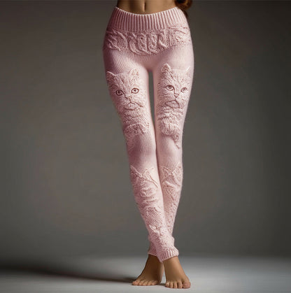 Comstylish Cute Fuzzy Cat Embroidered Cozy Knit Leggings