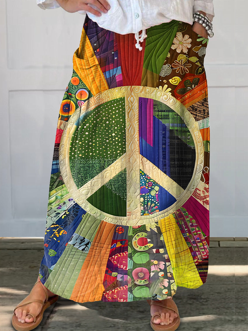 Women's Retro Peace Pattern Art Print Linen Pocket Skirt