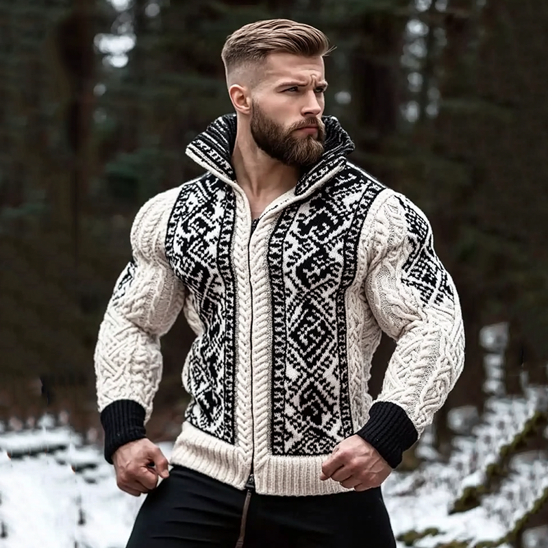 Men's Viking Tribal Geometry Jacquard Celtic Knit Cardigan Sweater artswardrobe