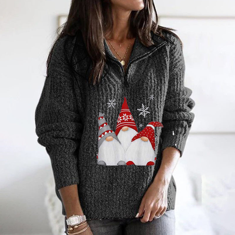 Santa Print Zipped Long Sleeve Knitted Sweater elevenforest