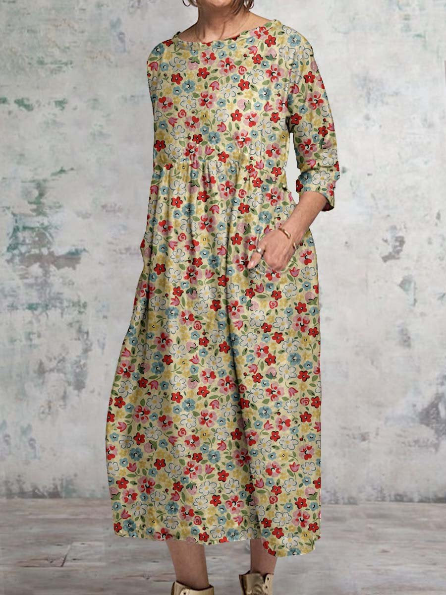 Women's Elegant Floral Classic Round Neck Cotton and Linen Dress