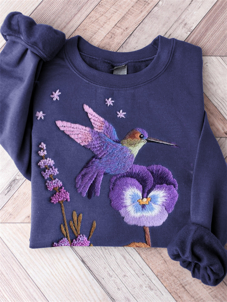 Comstylish Hummingbird Pansy & Lavender Embroidered Sweatshirt