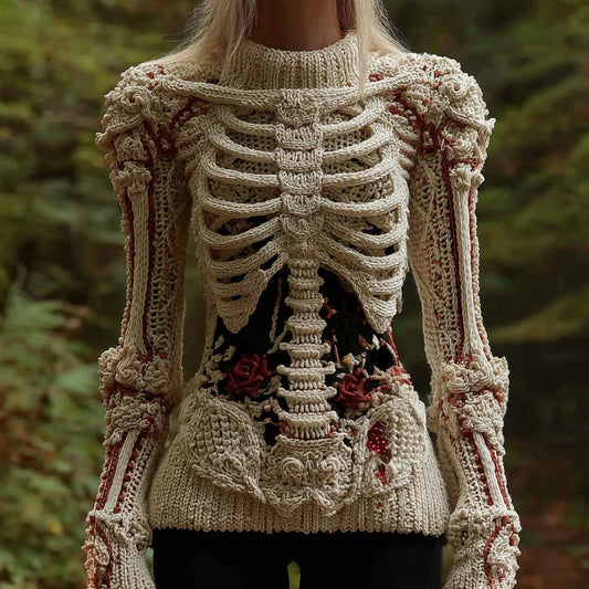 Comstylish Vintage Skull Human Anatomy Rose Art Knit Turtleneck Sweater