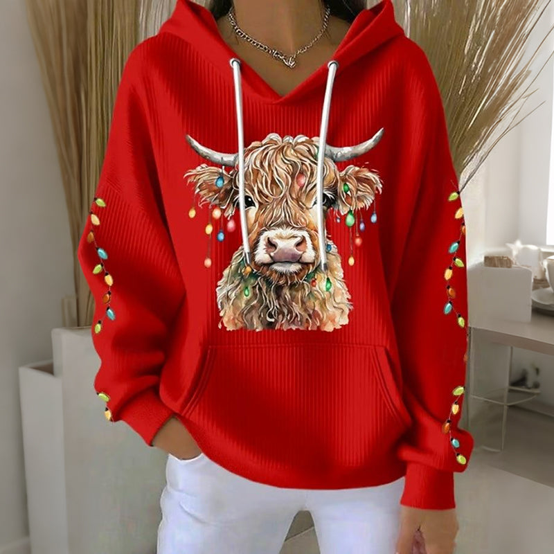 Women's Christmas Highland Cow Print Casual Hoodie artswardrobe