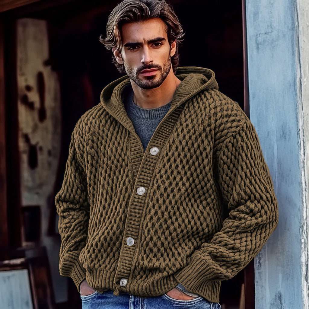 Men'S Waffle Braid Hooded Button Down Sweater elevenforest