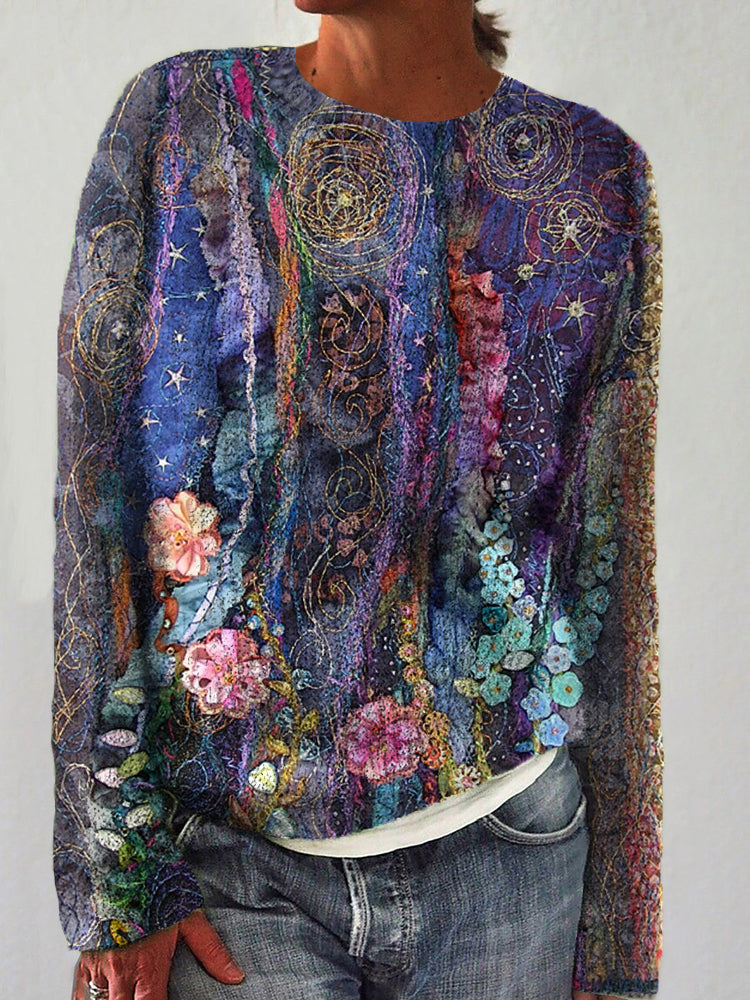 Vintage Embroidered Floral Pattern Crew Neck Sweater elevenforest