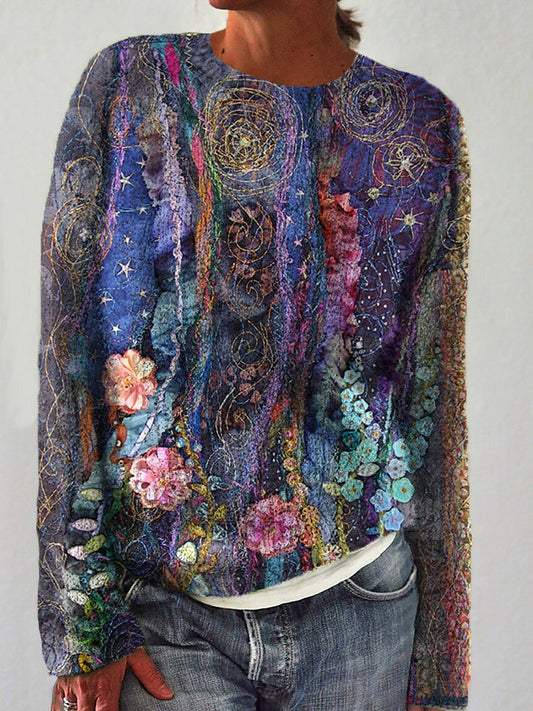 Vintage Embroidered Floral Pattern Crew Neck Sweater elevenforest