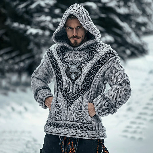 Men's Viking Tribal Wolf Inspired Chunky Knit Pocket Hooded Sweater artswardrobe