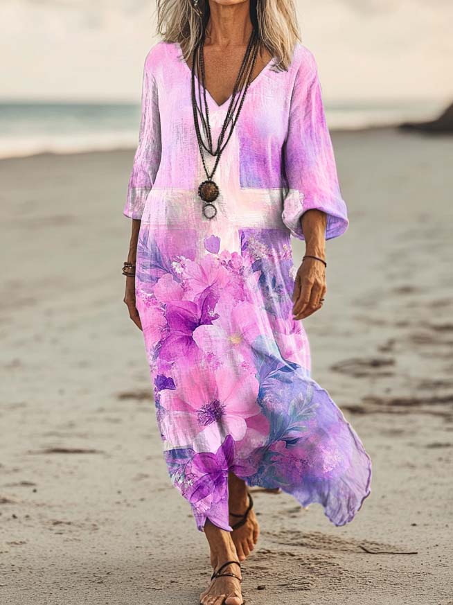 Women's Tie Dye Floral Cross Pattern Art Print Pocket Cotton Dresses