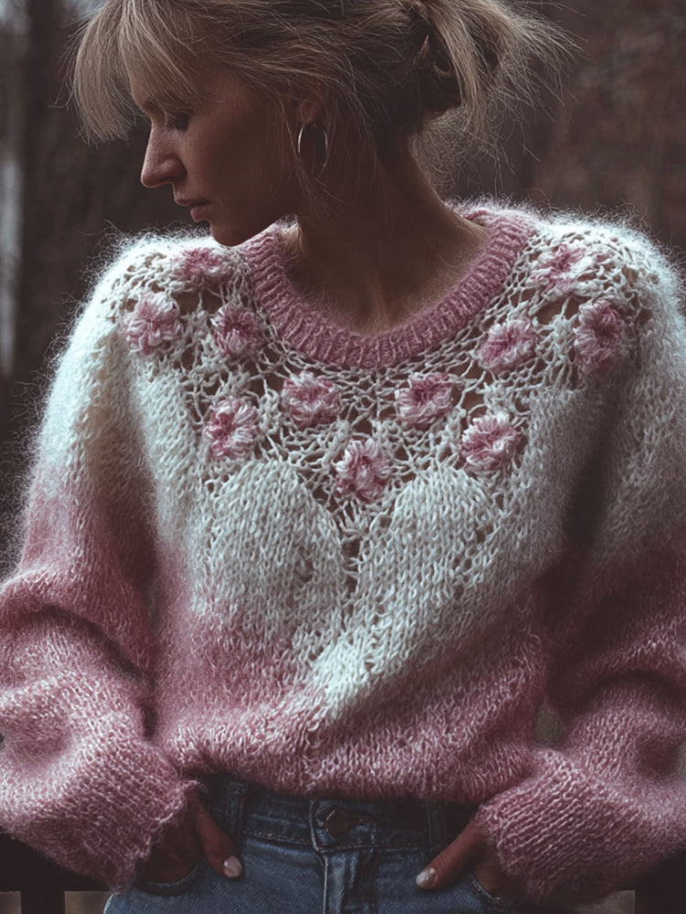 Women's Vintage Romantic Floral Round-neck Sweater artswardrobe