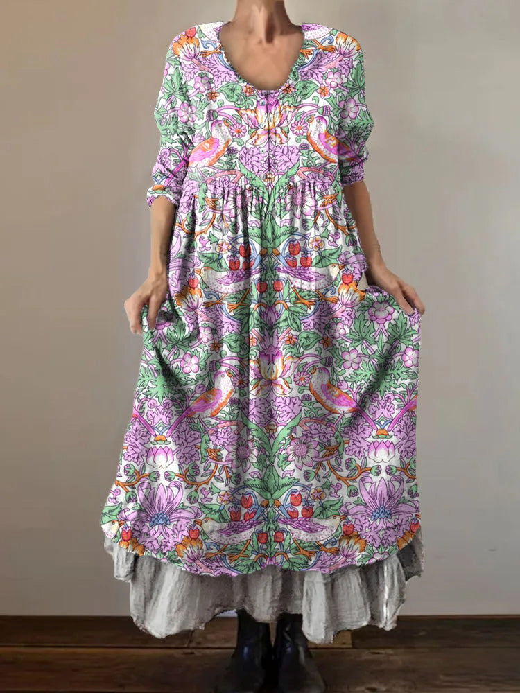 Women's Art Floral Hippie Vintage Print V Neck Dress