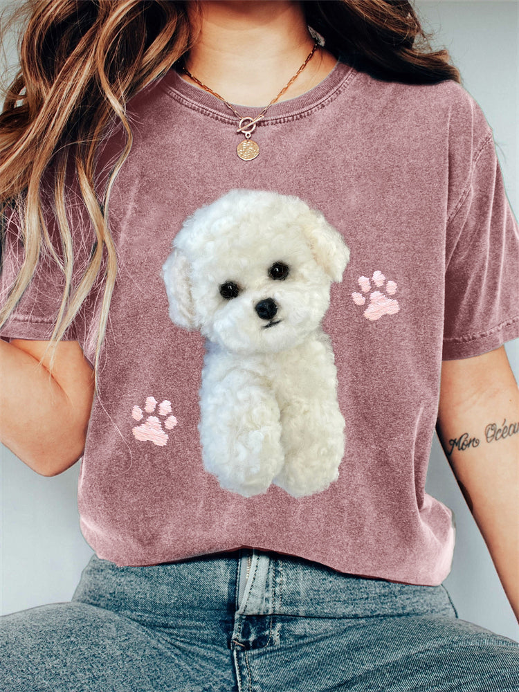 Comstylish Fizzy Bichon Dog Paw Prints Embroidered T Shirt