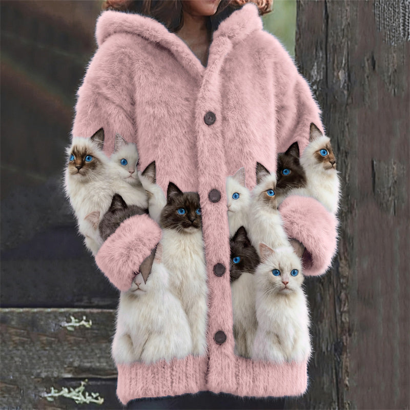 Cardigan in lana con stampa di gatti bianco e nero