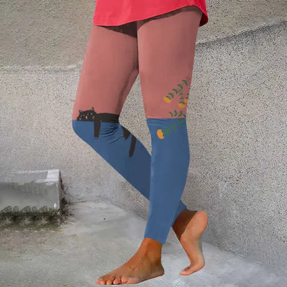 Comstylish Abstract Creative Lazy Black Cat Painting Art Casual Leggings