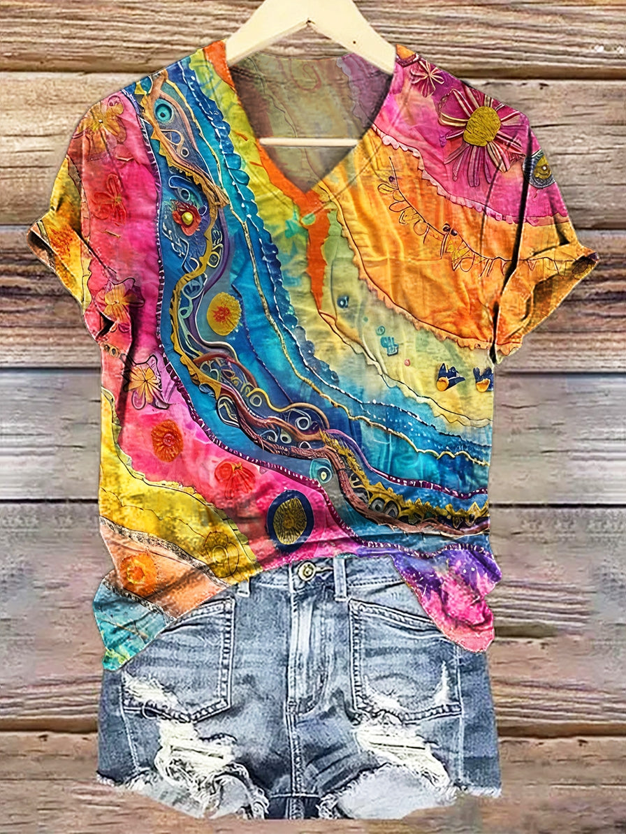 Women's Colorful Ethnic Texture Pattern Printed Casual V-neck T-shirt