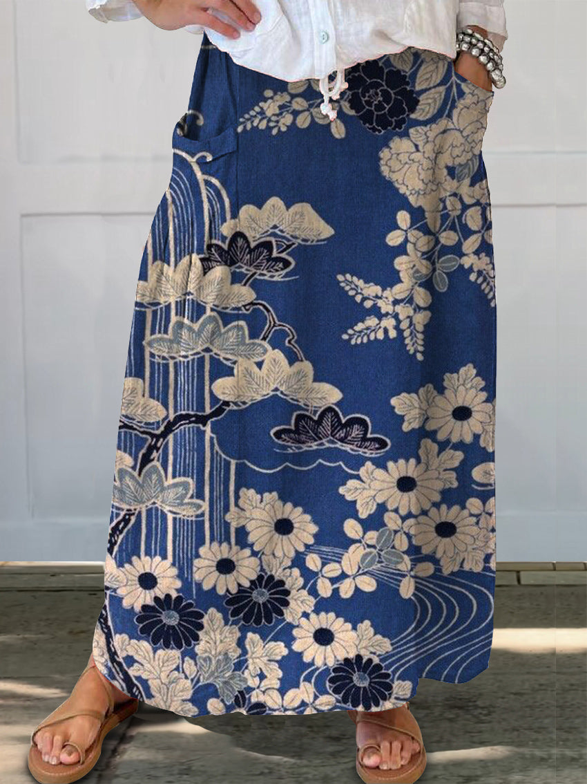 Women's Floral Art Printed Linen Pocket Skirt