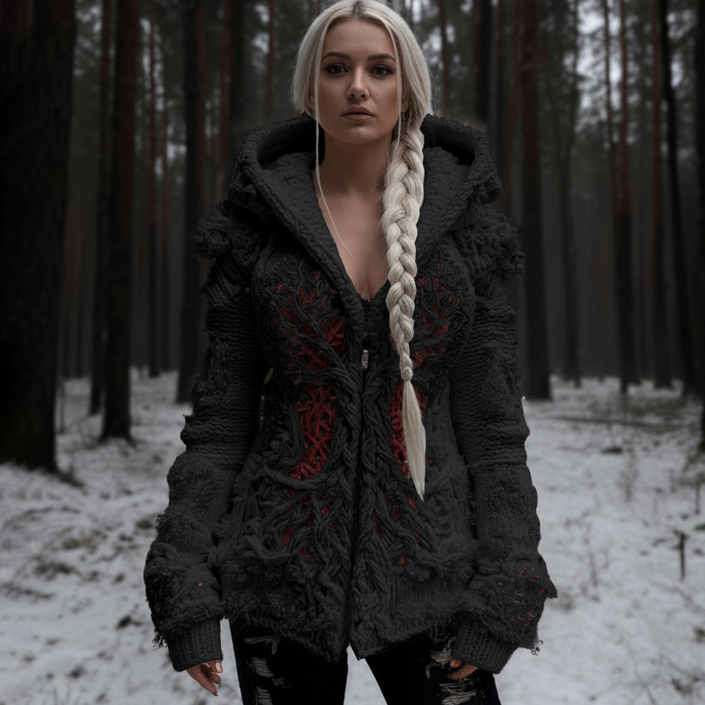 Women's Viking Tree Of Life Cable Knit Zip-up Hooded Sweater artswardrobe