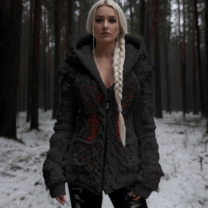 Women's Viking Tree Of Life Cable Knit Zip-up Hooded Sweater artswardrobe