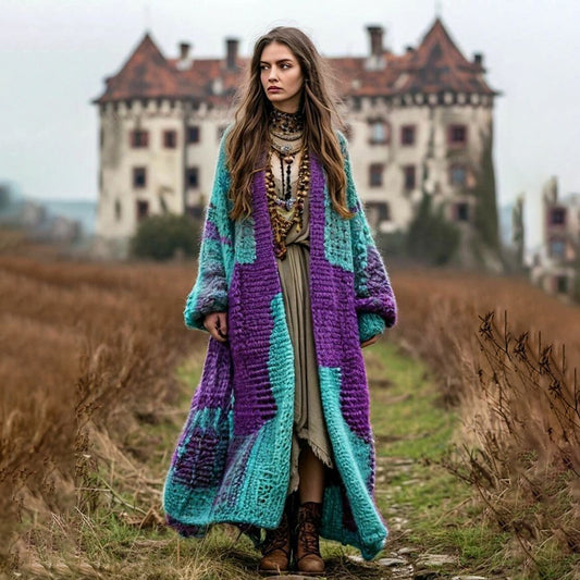 Women's Boho Geometric Contrast Color Comfortable Thick Cardigan artswardrobe