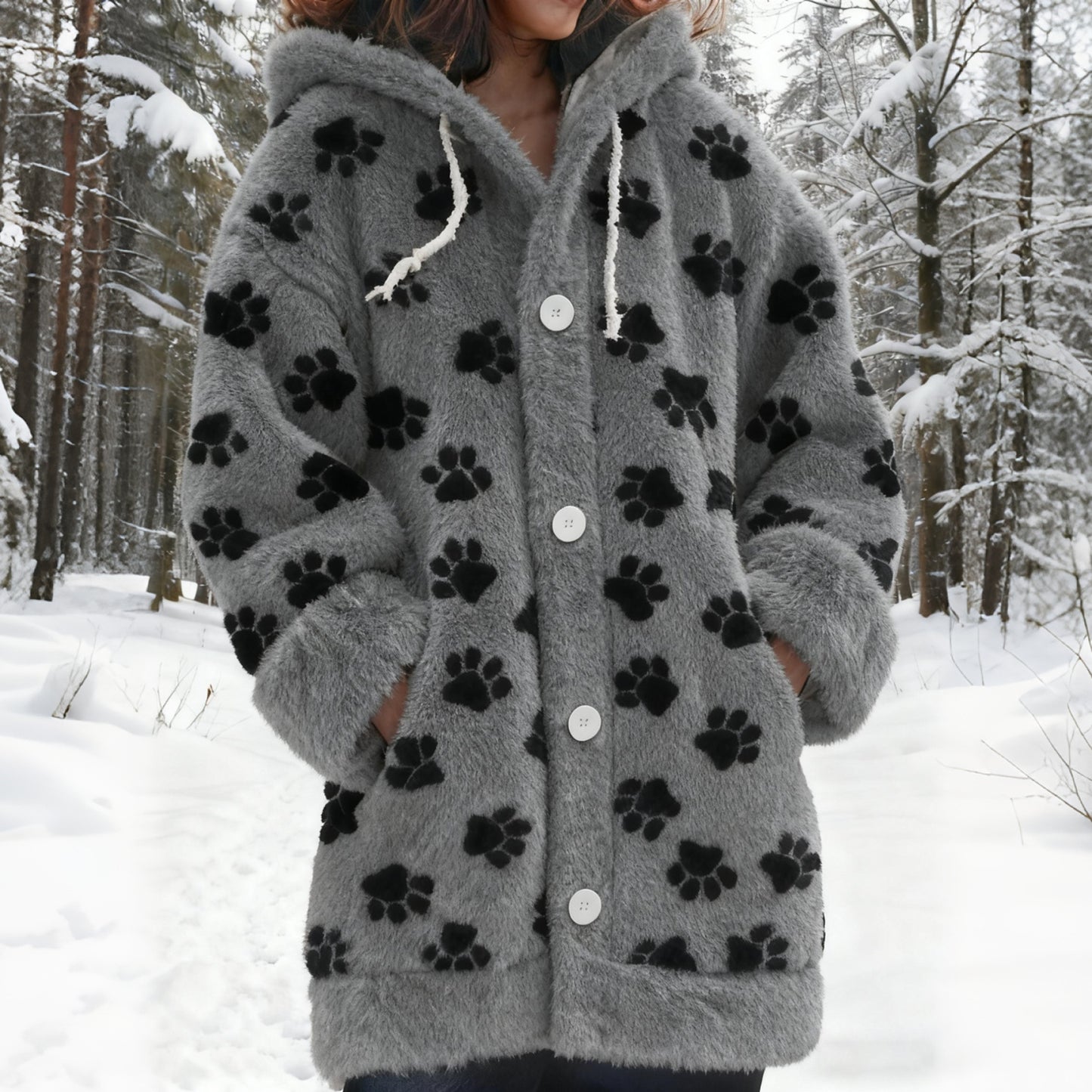 Comstylish Vintage Puppy Paw Art Cozy Knit Hooded Cardigan