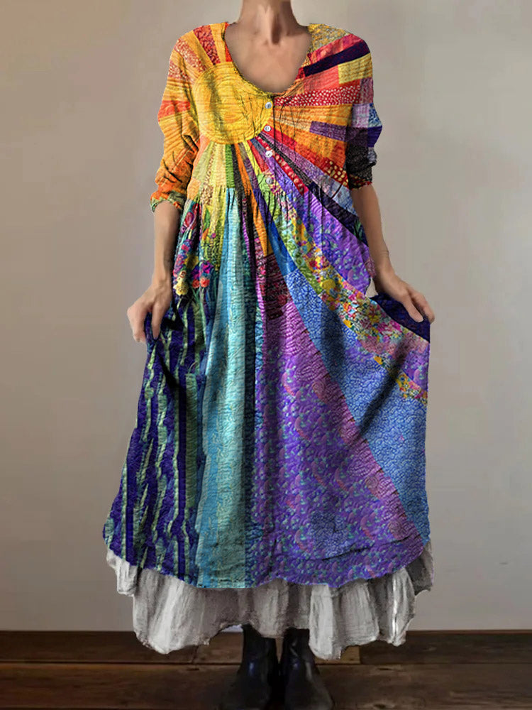 Women's Sun Patchwork Pattern Art Print V-Neck Button Pocket Cotton Dr