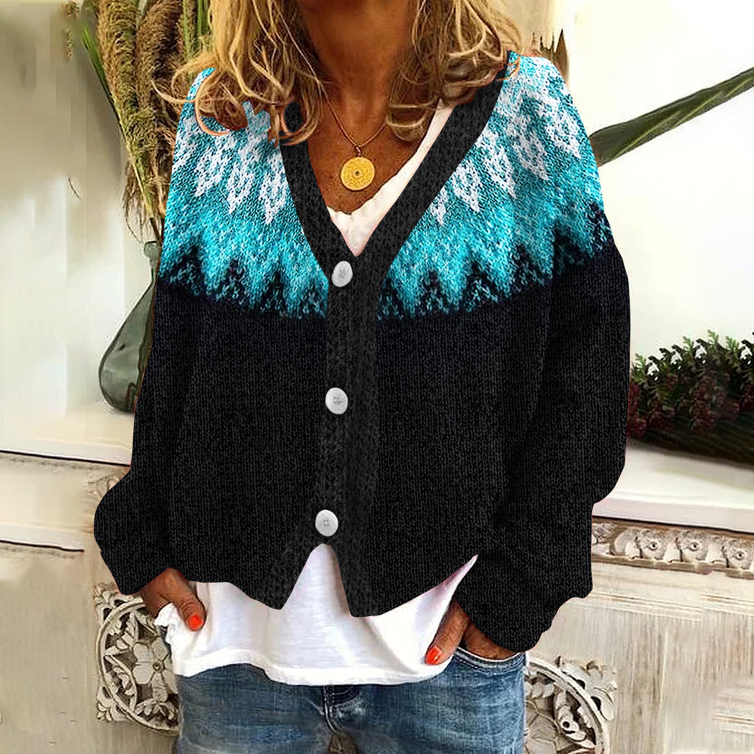 Vintage Tribal Icelandic Pattern Cozy V-Neck Long Sleeved Knitted Cardigan elevenforest