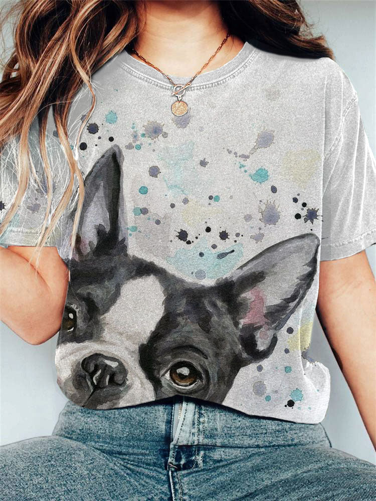 Comstylish Women's Casual Funny French Bulldog Print T-shirt