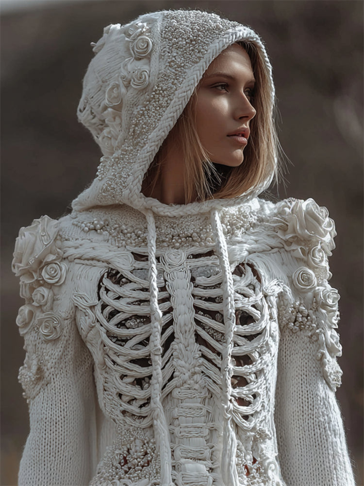 Vintage White Roses Beaded Skeleton Hooded Cozy Knit Sweater artswardrobe