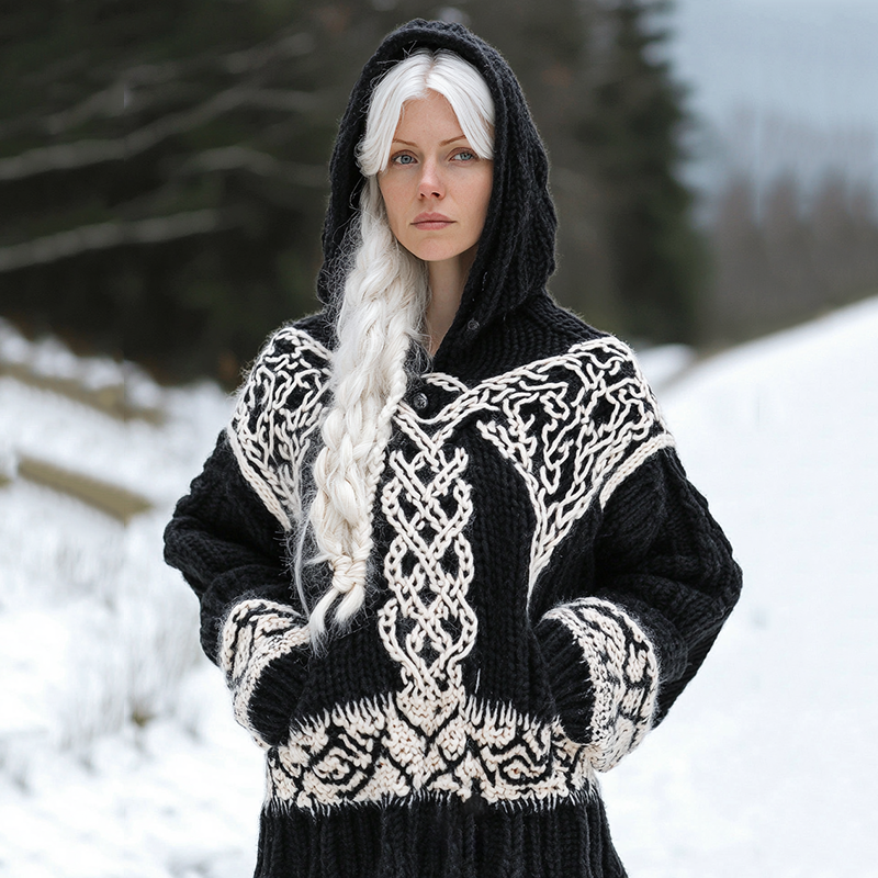 Women's Viking Tribal Jacquard Celtic Inspired Chunky Knit Hooded Sweater elevenforest