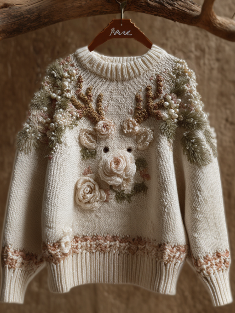 Christmas Reindeer Element Women's Round Neck Knit Sweater artswardrobe