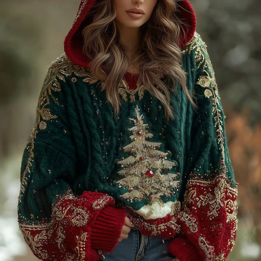 Women's Gold Christmas Tree Knit Hooded Sweater artswardrobe