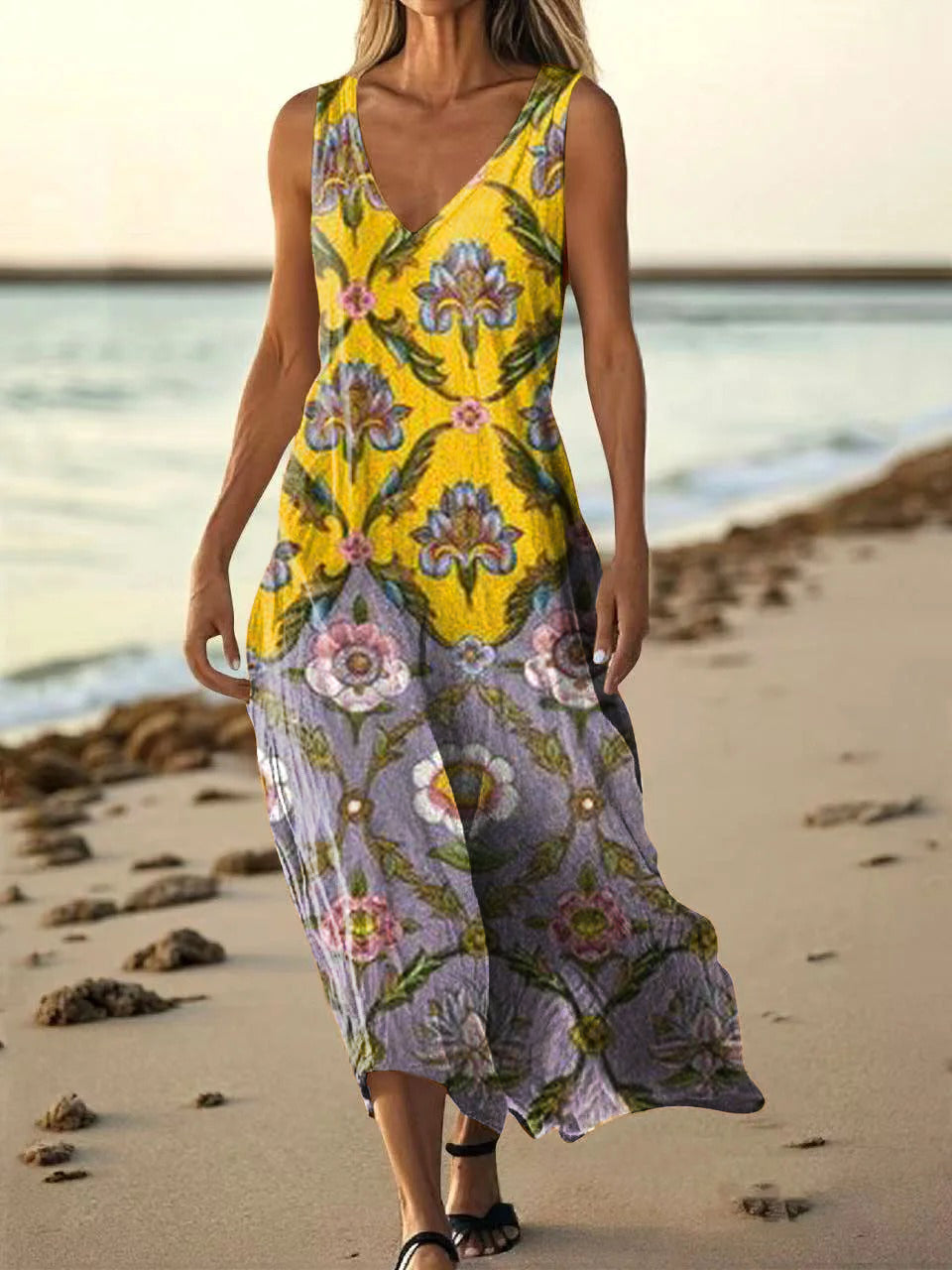 Women's Floral Art Print Pocket Cotton Dresses