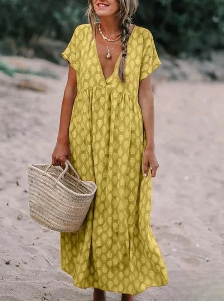 ER | Abito casual in tessuto stampato con scollo a V e maniche lunghe