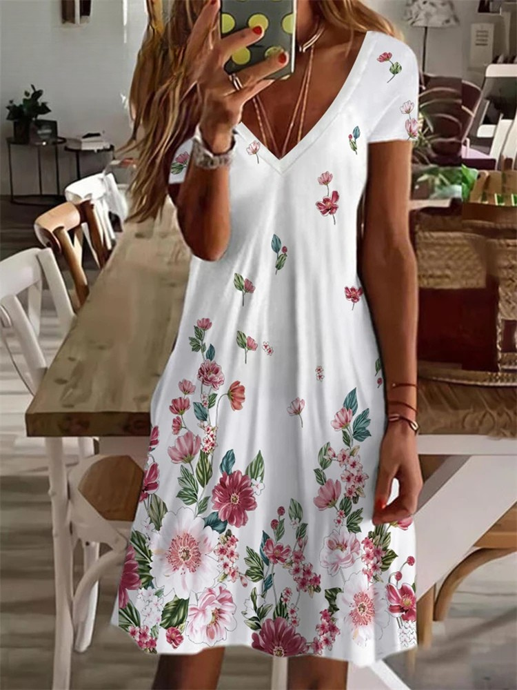 ER | Donna Sundress Midi Dress Manica corta Stampa floreale Estate Casual V Neck Abiti allentati Plus Size 2024 Abbigliamento Donna Vestidos