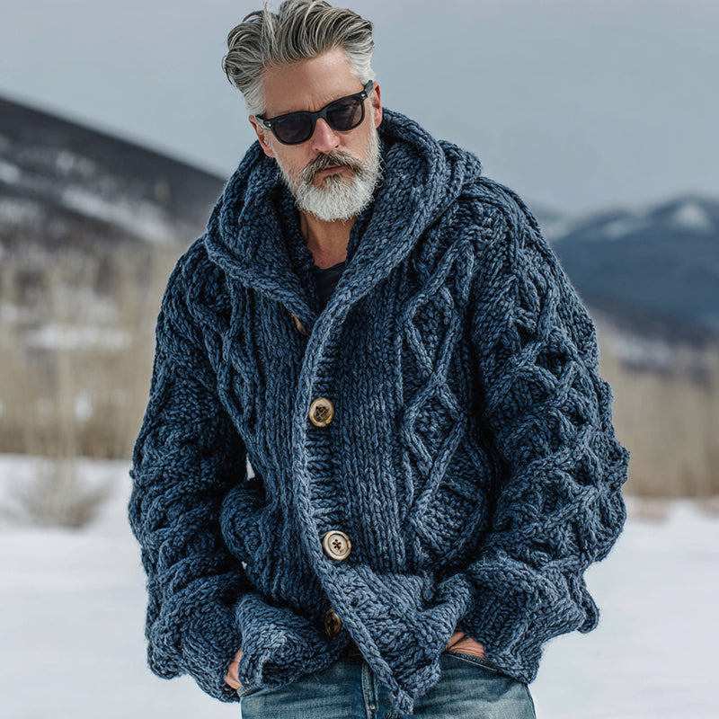 Men's Casual Fairman Island Chunky Knit Buttons Hooded Sweater Cardigan artswardrobe