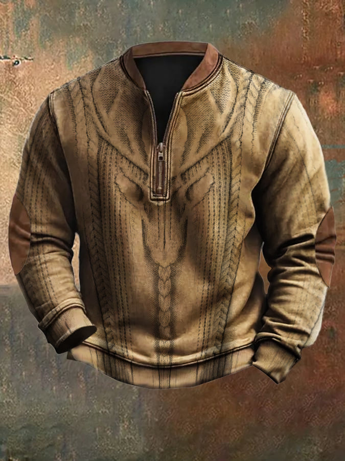 Men's Retro Wild Deer Graphic Jacquard Zip Collar Sweatshirt elevenforest
