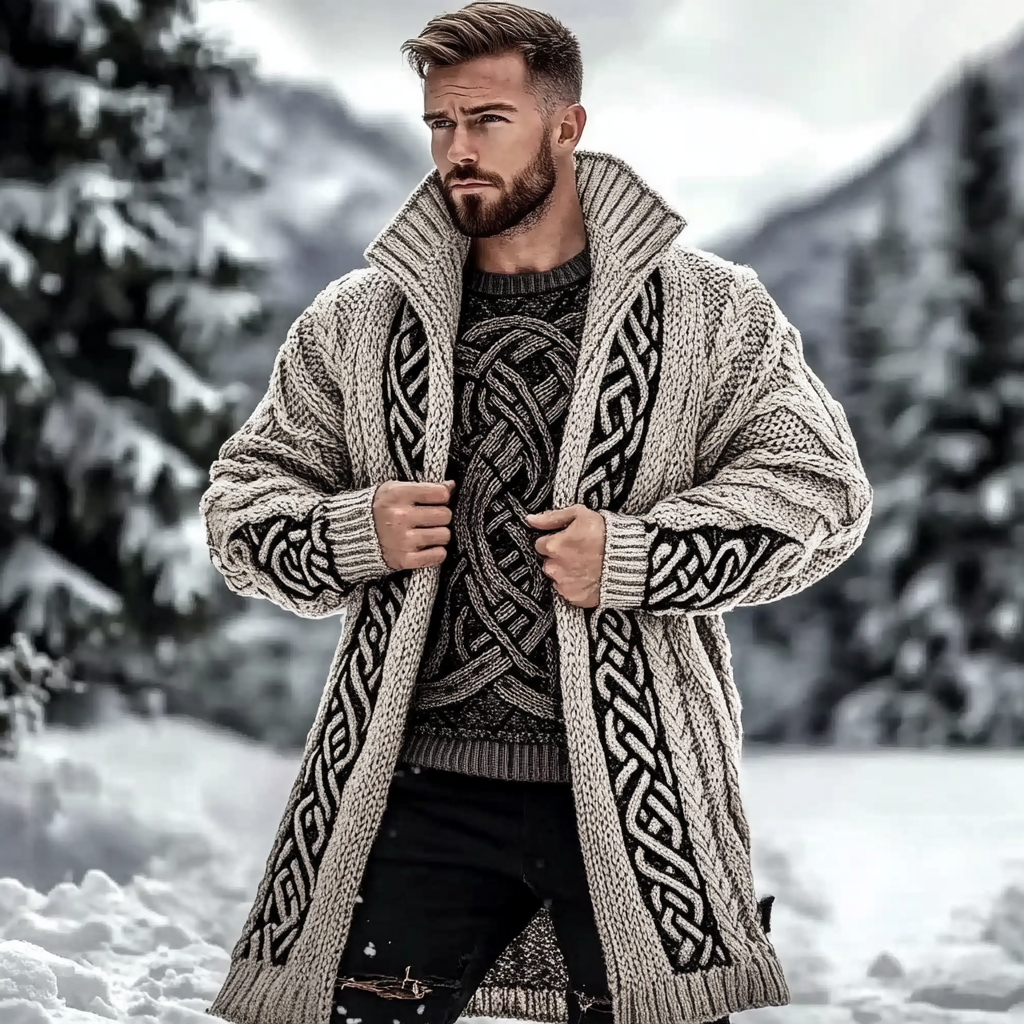 Men's Viking Celtic Jacquard Knit Warm And Comfortable Basic Cardigan Sweater elevenforest